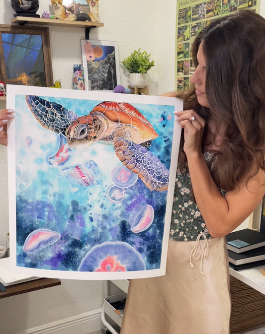 green sea turtle moon jellyfish plastic bag florida ocean watercolor limited edition art print wildlife conservation