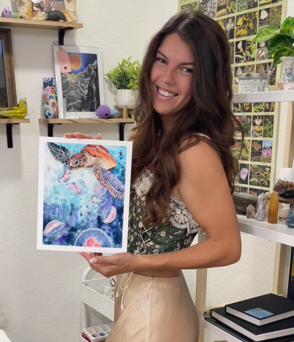 green sea turtle moon jellyfish plastic bag florida ocean watercolor limited edition art print wildlife conservation