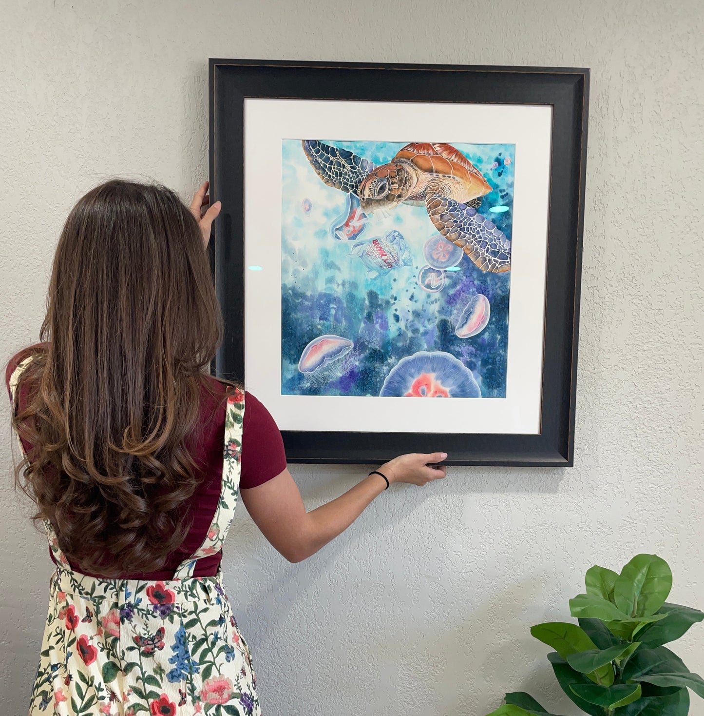 green sea turtle moon jellyfish plastic bag florida ocean watercolor limited edition art print wildlife conservation