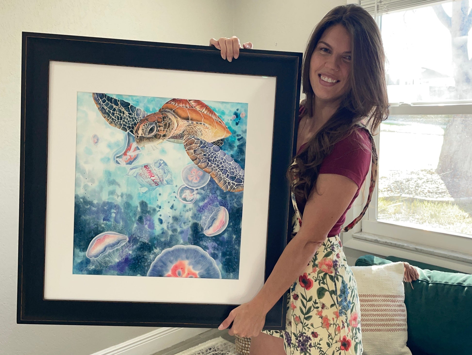 green sea turtle moon jellyfish plastic bag florida ocean watercolor limited edition art print wildlife conservation