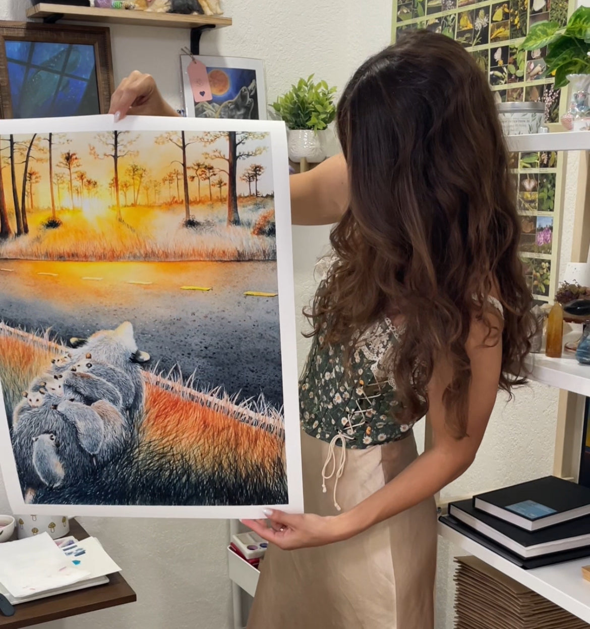 mother and baby opossums sunset pine flatwoods florida watercolor limited edition art print wildlife conservation