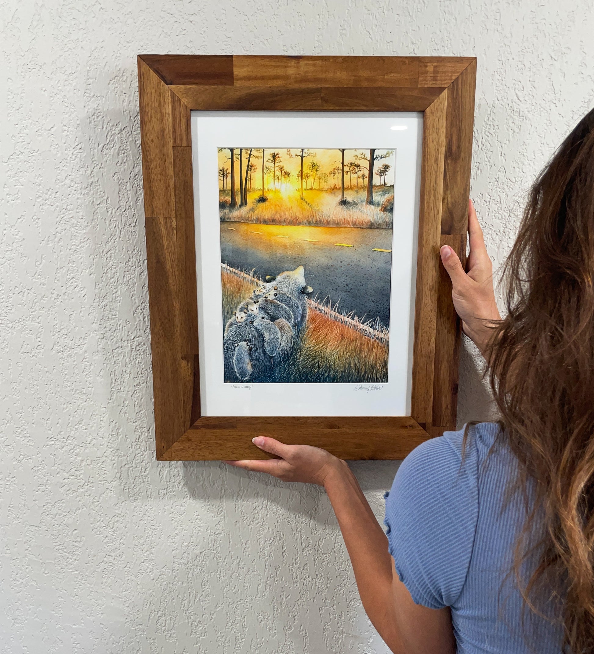 mother and baby opossums sunset pine flatwoods florida watercolor limited edition art print wildlife conservation