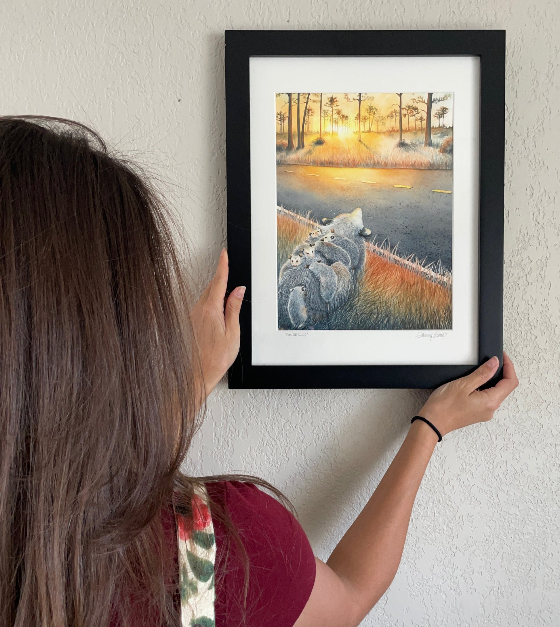 mother and baby opossums sunset pine flatwoods florida watercolor limited edition art print wildlife conservation