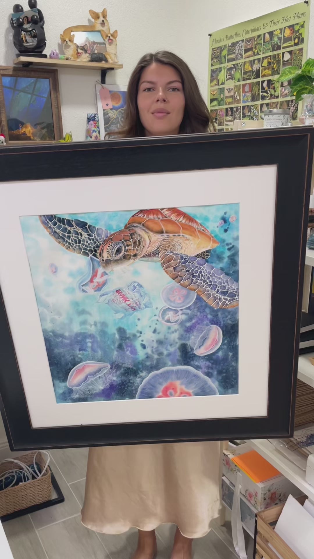 green sea turtle moon jellyfish plastic bag florida ocean watercolor limited edition art print wildlife conservation