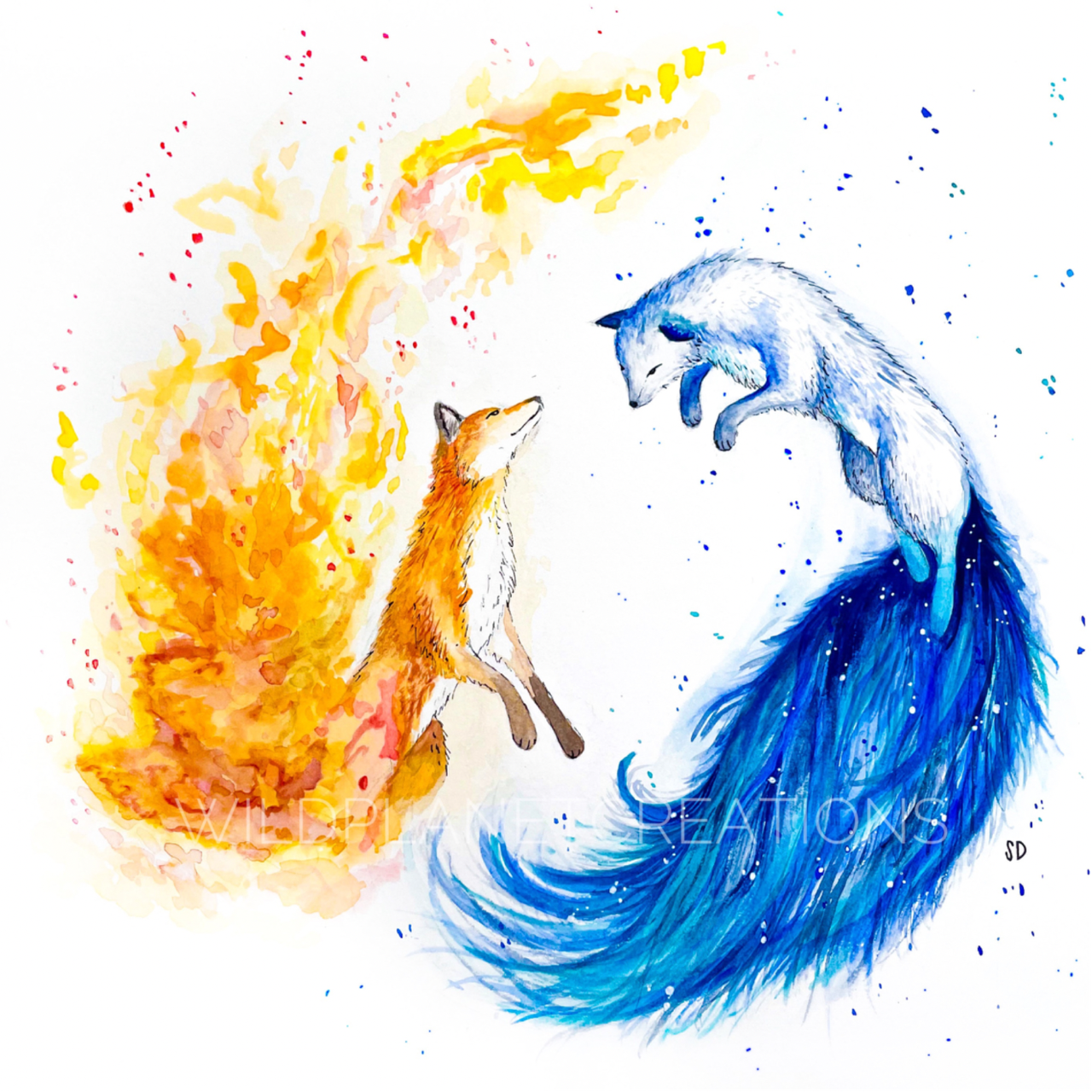 This image depicts the original watercolor painting of a red fox and an arctic fox (fire and ice foxes) from the Wild Planet Creations collection.