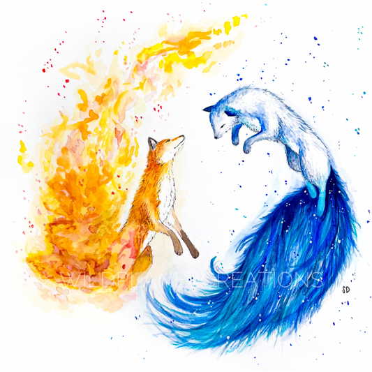 This image depicts the original watercolor painting of a red fox and an arctic fox (fire and ice foxes) from the Wild Planet Creations collection.