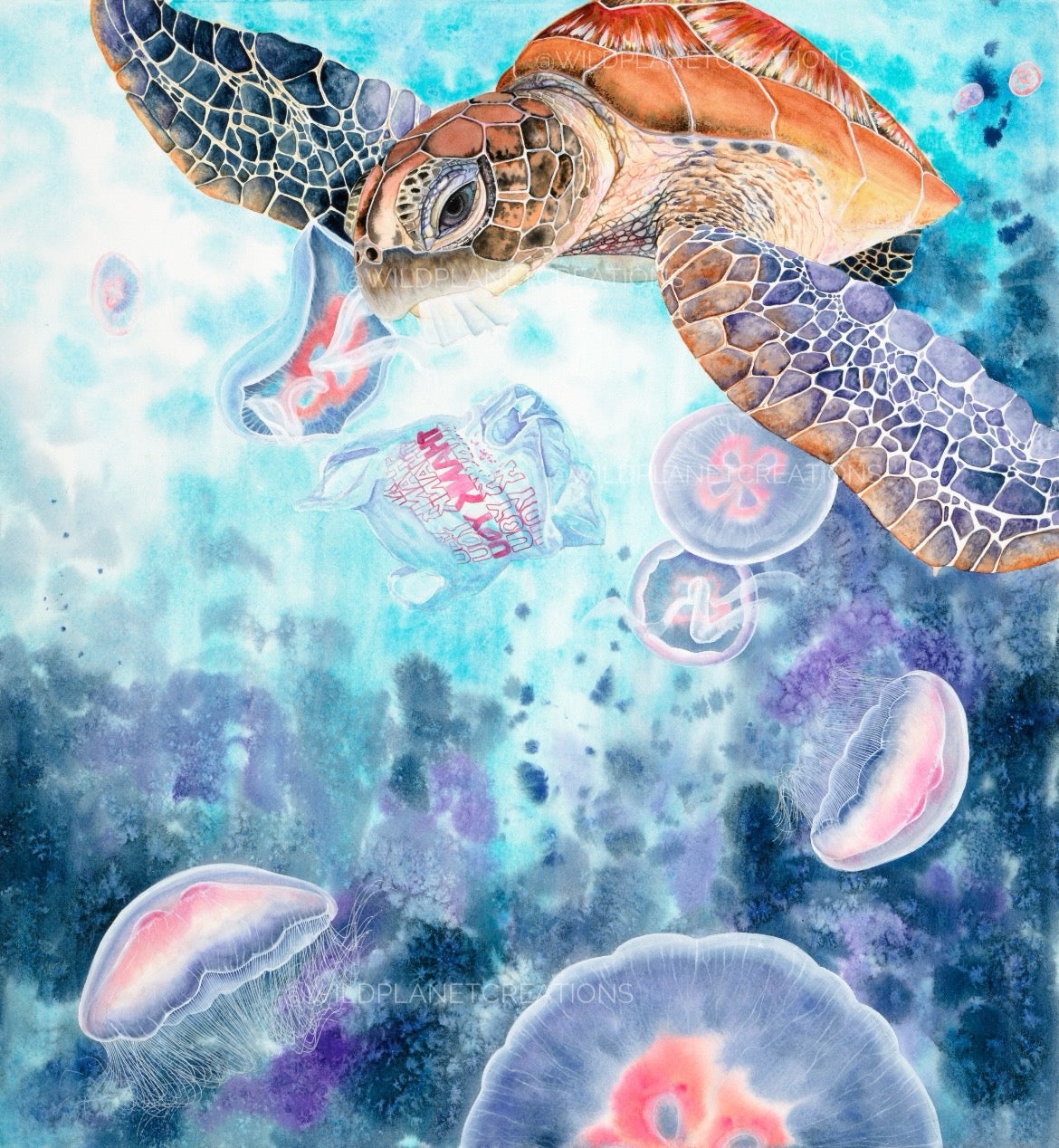 "Plastic Peril" Green Sea Turtle Watercolor Painting Limited Edition Fine Art Print