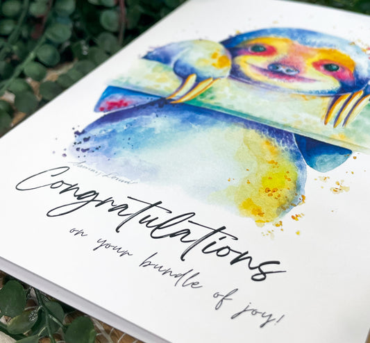 Sloth Greeting Card - "Congratulations on your new bundle of joy!"