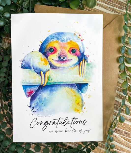 Sloth Greeting Card - "Congratulations on your new bundle of joy!"