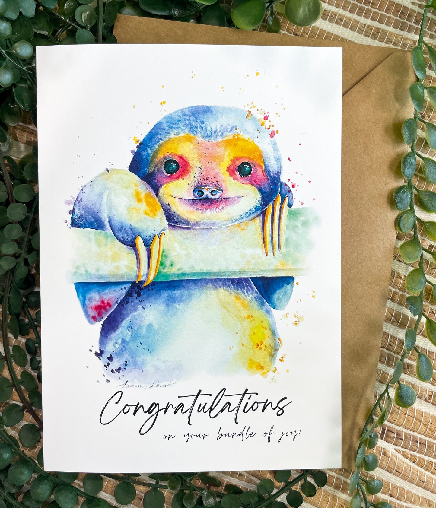 Sloth Greeting Card - "Congratulations on your new bundle of joy!"