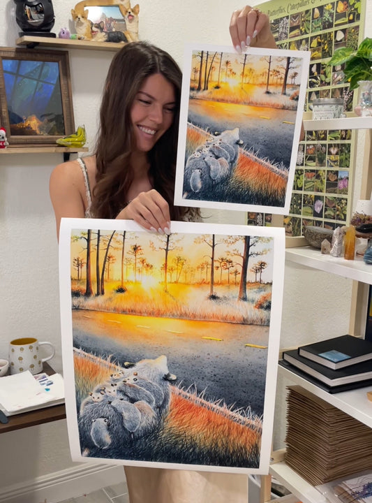 mother and baby opossums sunset pine flatwoods florida watercolor limited edition art print wildlife conservation
