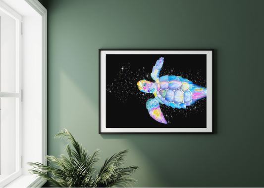 This image depicts the interior design aspect to framing and hanging the loggerhead sea turtle art print in any room.