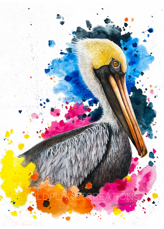 This image depicts the original watercolor painting of a brown pelican from the Wild Planet Creations collection.