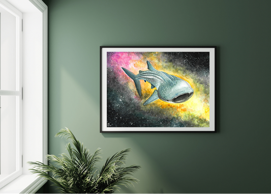 The whale shark art print looks amazing matted and framed on any wall as a part of your interior decoration.