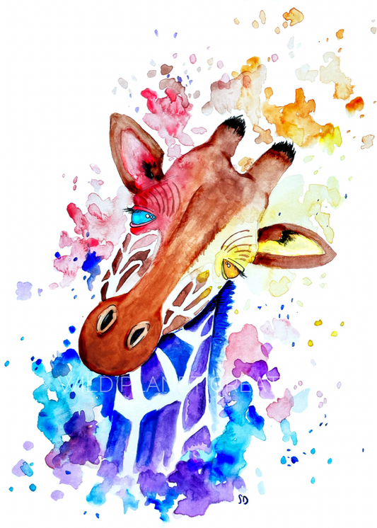 This image depicts the original watercolor painting of a rainbow giraffe from the Wild Planet Creations collection. There are three different size options for the giraffe art print. Each print is made on high-quality, 100 pound, glossy paper and displays excellent color vibrancy.