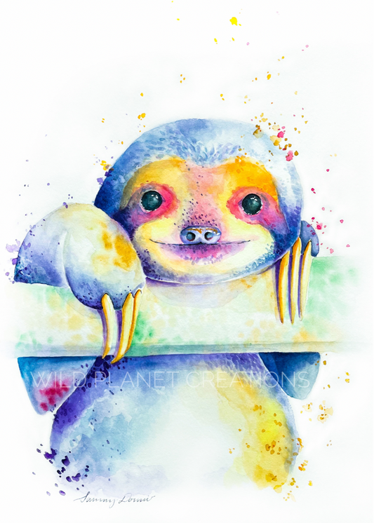This image depicts the original watercolor painting of a rainbow sloth from the Wild Planet Creations collection. There are three different size options for the sloth art print. Each print is made on high-quality, 100 pound, glossy paper and displays excellent color vibrancy.