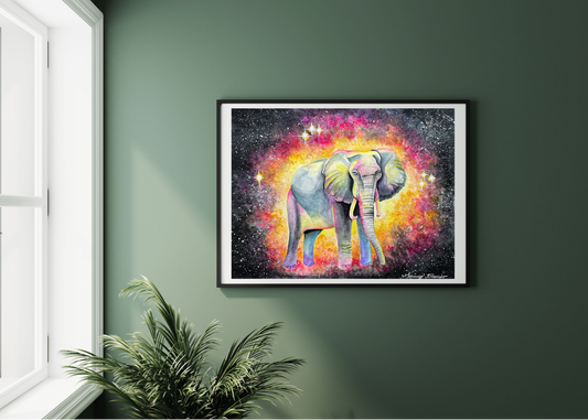 This image depicts how well the African elephant art print would look framed and hung in any room of the house.