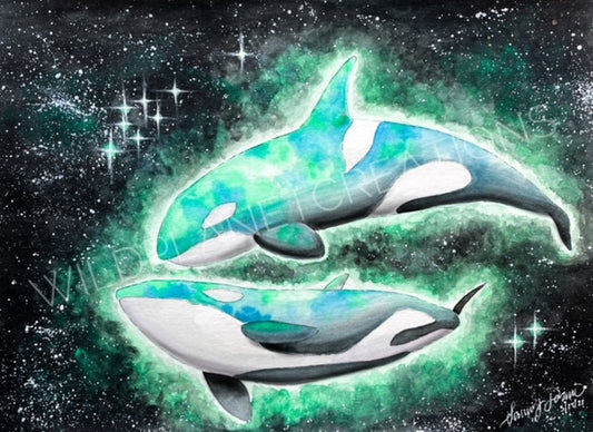 This image depicts the original watercolor painting of two orcas gliding through the cosmos (from the Wild Planet Creations collection).