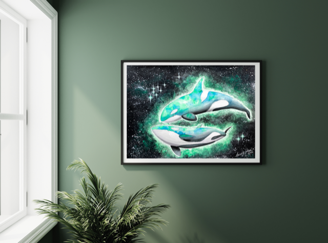 Three different size options for the orca watercolor painting art print. Each print is made on high-quality, 100 pound, glossy paper and displays excellent color vibrancy.