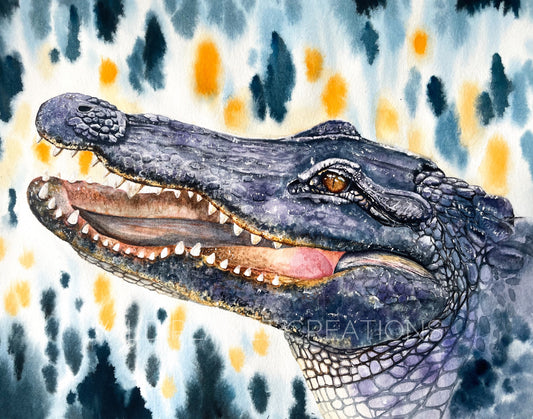 The original watercolor painting of an American alligator from the Wild Planet Creations collection. 