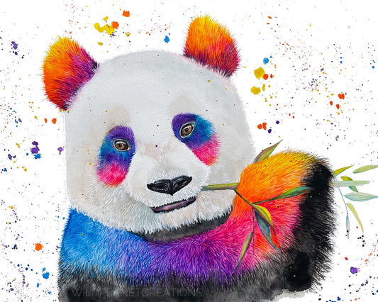 This image depicts the original watercolor painting of a rainbow giant panda eating bamboo. An original from the Wild Planet Creations collection.