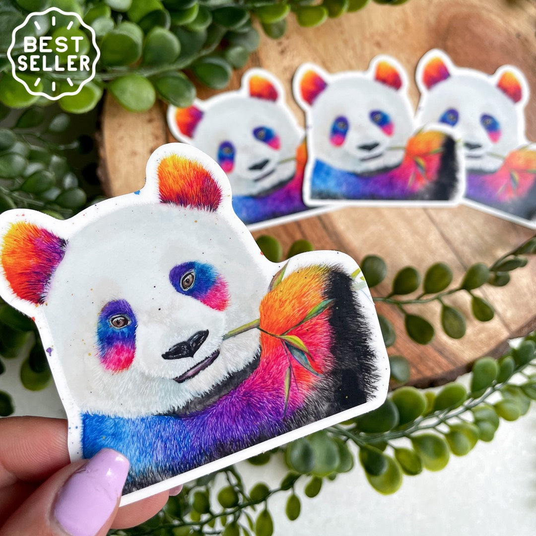 A close-up image of the waterproof, vinyl, dye-cut sticker depicting a watercolor painting from the Wild Planet Creations wild animal collection of a giant panda.