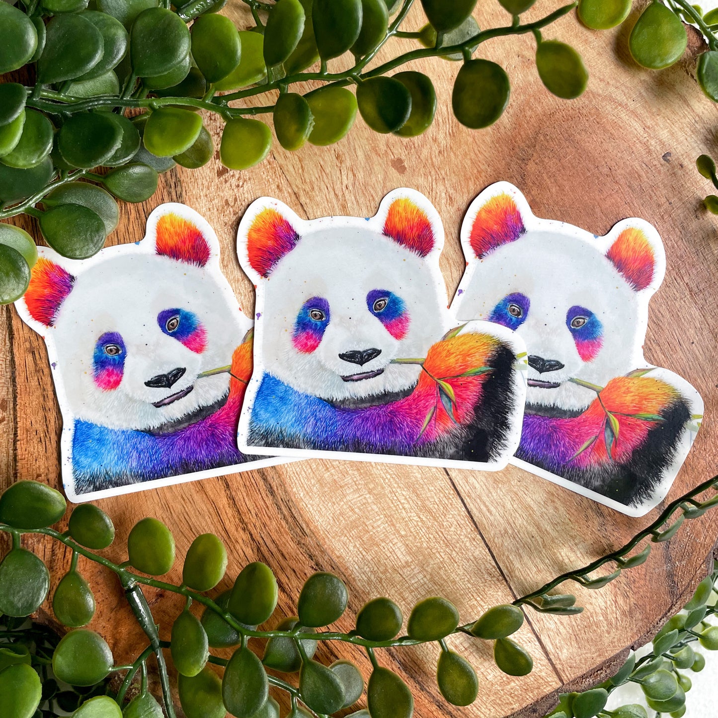 A close-up image of the waterproof, vinyl, dye-cut sticker depicting a watercolor painting from the Wild Planet Creations wild animal collection of a giant panda.