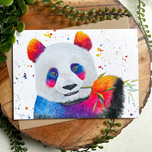 A 5x7" eco-friendly greeting card with original watercolor artwork from the Wild Planet Creations collection depicting a rainbow giant panda.