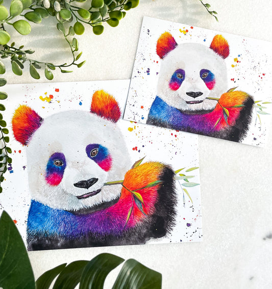 Three different size options for the rainbow Giant panda watercolor painting art print. Each print is made on high-quality, 100 pound, glossy paper and displays excellent color vibrancy.