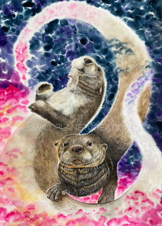 This image depicts the original watercolor painting of two North American river otters gliding among each other in the cotton candy clouds as if they are the spirits of the river.