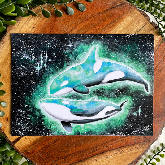 A 5x7" eco-friendly greeting card with original watercolor artwork from the Wild Planet Creations collection depicting two orcas.