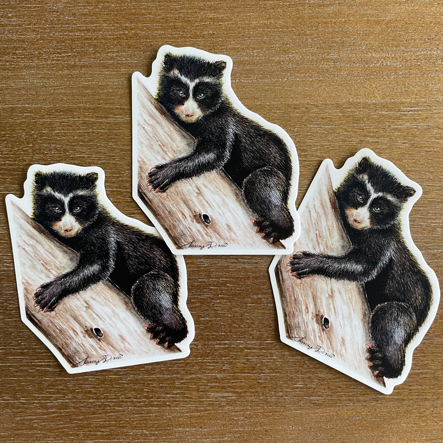 A close-up image of the waterproof, vinyl, dye-cut sticker depicting a watercolor painting from the Wild Planet Creations collection of an Andean bear cub.