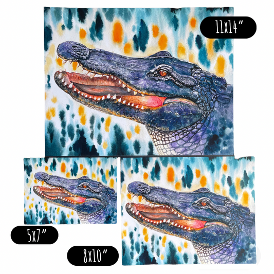 Three different size options for the American alligator watercolor painting art print. Each print is made on high-quality, 100 pound, glossy paper and displays excellent color vibrancy.